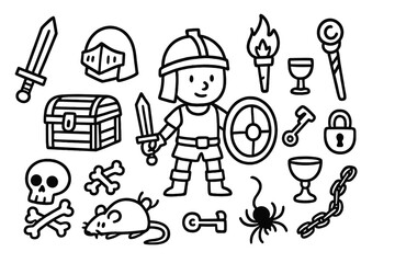 Obraz premium Dungeon Quest Icons. Hand-drawn doodle illustration dungeon quest adventurer, sword, shield, helmet, treasure chest, skull, bones, torch, goblet, key, lock,