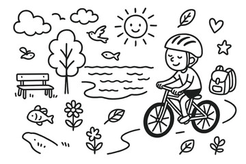 Peaceful Lake Cycling. Hand-drawn doodle illustration Relaxed cycling by the lake [bicycle, helmet, water ripple, tree, cloud, sun, bird, fish, bench, flower,