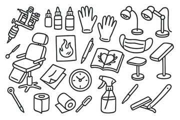 Tattoo Tools Doodle. Hand-drawn doodle illustration Tattoo artist tattoo machine, ink bottles, gloves, mask, chair, stencil paper, pen, sketchbook, armrest,