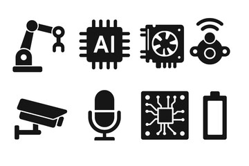 AI Hardware Icons. Solid, filled icon set of AI hardware: robot arm, CPU chip, GPU, sensor, camera, microphone, circuit board, battery. Solid, filled icons in