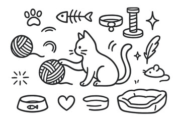 Cat Doodle Fun. Hand-drawn doodle illustration Cat Playing with a Ball [cat silhouette, yarn ball, paw print, fishbone, scratching post, collar, whiskers,