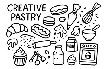 Bakery Essentials Doodles. Hand-drawn doodle illustration Creative pastry, croissant, eclair, macaron, piping bag, whisk, rolling pin, chocolate drizzle,