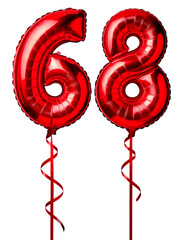 数字の68の形の赤色の風船とリボン（Number 68 red foil balloon on white background）
