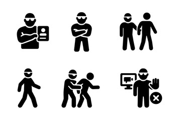 Bouncer Action Icons. Solid, filled icon set of bouncer actions: checking ID, standing guard, escorting person, crowd management, patrolling, intervening,