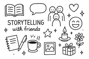 Storytelling with Friends. Hand-drawn doodle illustration Storytelling with friends [open book, speech bubble, heart, group of people, laughing face, star,