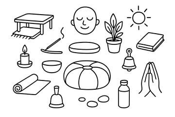 Meditation Essentials Icons. Hand-drawn doodle illustration Meditation space floor cushion, yoga mat, incense stick, singing bowl, houseplant, candle, low