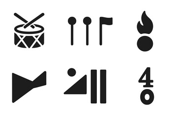 Fototapeta premium Military Drum Icon Set. Solid, filled icon set of military drum notation: drum rudiments, cadence notes, roll notation, flam notation, dynamics, accents,