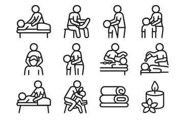 Spa Massage Icons. Spa relaxation icons. Line icon set of spa relaxation icons: therapist giving back massage, therapist giving foot massage, therapist giving