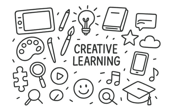 Creative Learning Doodles. Hand-drawn doodle illustration Creative learning drawing tablet, pencil, paintbrush, palette, lightbulb, star, book, puzzle piece,