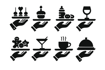 Event Trays Icon Set. Solid, filled icon set of event-specific serving trays: wedding hors d?oeuvre tray, birthday dessert tray, baby shower snack tray, gala