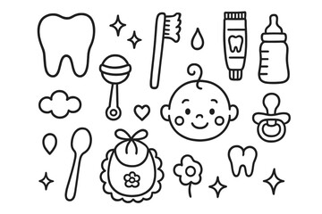 Obraz premium Baby Oral Care Doodles. Hand-drawn doodle illustration Baby oral hygiene [tooth, toothbrush, toothpaste tube, bottle, baby face, pacifier, rattle, bib, spoon,