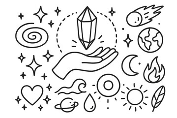 Cosmic Crystal Doodle. Hand-drawn doodle illustration Cosmic Crystal Energy [hand, crystal, galaxy spiral, star, sparkle, planet, moon, sun, comet, aura