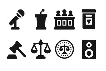 Fototapeta premium Courtroom Equipment Icons. Solid, filled icon set of court equipment: microphone, podium, bench, evidence box, gavel stand, legal scales, court seal, sound