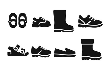 Kids Shoes Icons. Solid, filled icon set of kids shoes: toddler shoes, school shoes, rain boots, sneakers, sandals, cleats, slippers, winter boots. Solid,