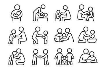 Parenting Support Icons. Parenting support. Line icon set of parenting support: holding baby, diaper change together, feeding child, playing together, teaching
