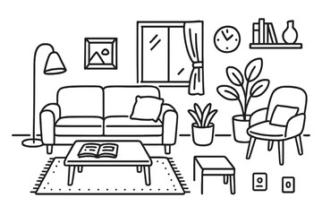 Minimalist Apartment Doodle. Hand-drawn doodle illustration [minimalist city apartment living room] [sofa, floor lamp, coffee table, framed picture, plant,