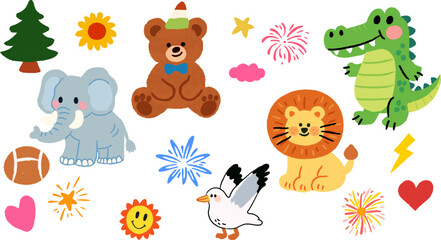 Hand-painted flat animal illustrations, elephant, lion, crocodile, bear, fireworks, star hand-painted illustrations