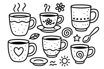 Obraz premium Pottery Mug Doodle. Hand-drawn doodle illustration Pottery mugs and cups [coffee mug, tea cup, handle, spoon, steam lines, clay texture, small plate,