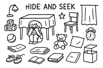 Hide and Seek Chaos. Hand-drawn doodle illustration Hide and seek game table, child figure, toy blocks, teddy bear, chair, curtain, ball, pillow, blanket, box,