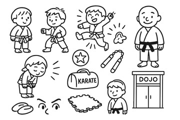 Naklejka premium Karate Kids Doodle. Hand-drawn doodle illustration Karate Kids [child in gi, small belt, practice partner, cheerful kick, jumping pose, dojo bag, smiling