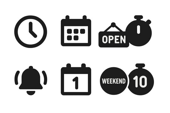 Market Schedule Icons. Solid, filled icon set of market times and schedules: clock, calendar, opening hours sign, timer, alarm bell, calendar date, weekend
