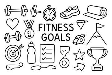 Obraz premium Fitness Icons Doodle. Hand-drawn doodle illustration fitness goals dumbbell, barbell, stopwatch, running shoes, yoga mat, heart icon, medal, star, target,