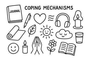 Fototapeta premium Coping Mechanisms Doodle. Hand-drawn doodle illustration coping mechanisms journal, pen, yoga mat, heart, leaf, breathing lines, headphones, candle, smiley