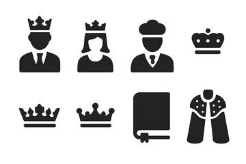 Peerage Roles Icons. Solid, filled icon set of peerage roles: lord, lady, duke, baron, earl, viscount, peerage book, ceremonial robe. Solid, filled icons in