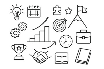 Career Growth Doodles. Hand-drawn doodle illustration career growth ladder, mountain peak, flag, target, arrow, gears, light bulb, calendar, puzzle piece,