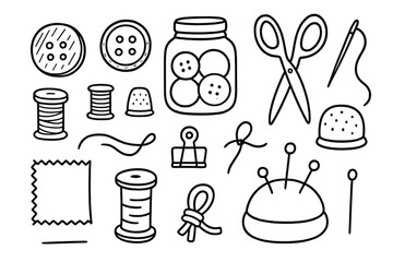 Sewing Essentials Doodle Art. Hand-drawn doodle illustration Vintage sewing buttons wooden button, metal button, fabric button, jar, thimble, scissors, needle,