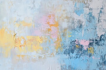 Obraz premium A vibrant abstract painting, featuring a blend of soft pastels and muted blues, showcasing textured brushstrokes and vibrant color combinations.