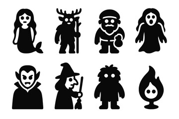 Mythical Creatures Icons. Solid, filled icon set of kikimora related mythological creatures: rusalka, leshii, domovoi, banshee, vampire, witch, forest spirit,