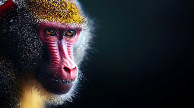 Closeup portrait of a mandrill monkey with striking facial features and colorful fur