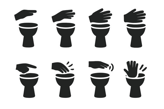 Djembe Techniques Icons. Solid, filled icon set of djembe playing techniques: bass tone, slap tone, open tone, muffled tone, finger tap, rim shot, roll, hand