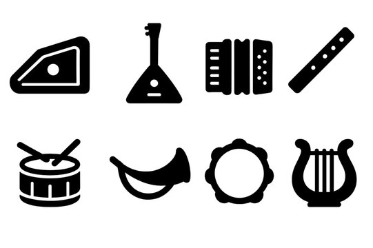 Slavic Musical Instruments Icons. Solid, filled icon set of Slavic musical instruments: gusli (psaltery), balalaika, accordion, flute, drum, horn, tambourine,