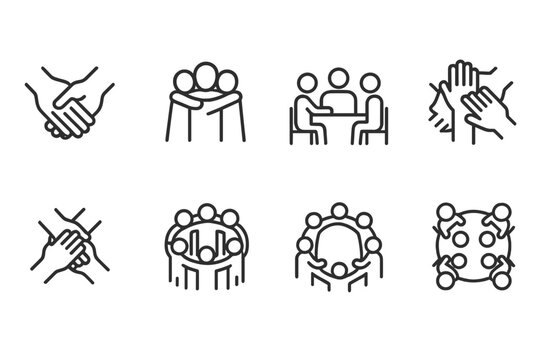 Togetherness Icon Set. Outline icon set of together concepts: holding hands, group hug, team meeting, family dinner, group high five, joint effort, circle of