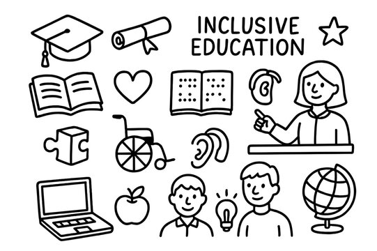 Inclusive Education Icons. Hand-drawn doodle illustration Inclusive education success graduation cap, diploma, book, heart, puzzle piece, wheelchair, braille