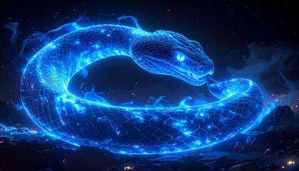 A glowing snake in a dark scene