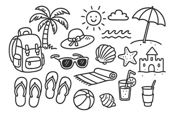 Beach Essentials Doodle. Hand-drawn doodle illustration beach backpacker backpack, flip flops, sunglasses, hat, seashell, palm tree, starfish, sun, cloud,