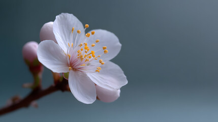 Fototapeta premium Delicate Blossom: A close-up reveals the exquisite detail of a pristine cherry blossom, showcasing its soft petals, vibrant stamens, and tender buds against a serene backdrop.