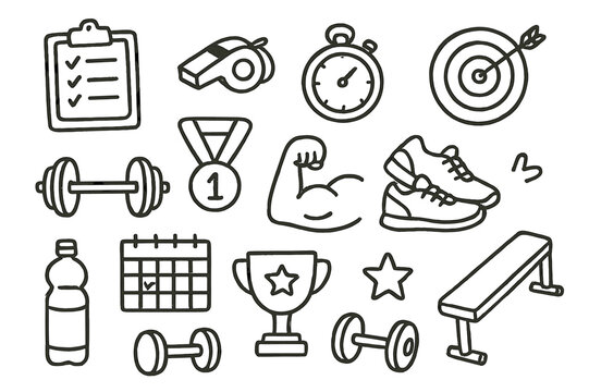 Personal Trainer Icons. Hand-drawn doodle illustration personal trainer support clipboard, whistle, stopwatch, target, barbell, checklist, medal, flexed arm,