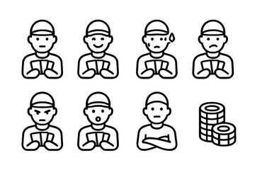 Card Player Emotions. Outline icon set of card player emotions: poker face, confident smile, nervous sweat, bluff face, focused look, surprised face, folded