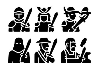 Sword History Icons. Solid, filled icon set of sword history: knight, samurai, gladiator, duelist, executioner, mercenary, blacksmith, herald. Solid, filled