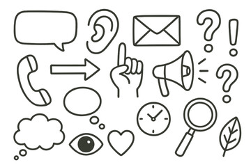 Obraz premium Communication Icons Doodle. Hand-drawn doodle illustration [Signals in communication] [speech bubble, ear, hand gesture, envelope, phone, megaphone, small