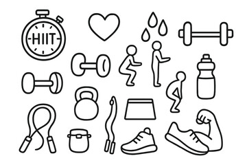 Fitness Doodle Icons. Hand-drawn doodle illustration HIIT training stopwatch, heart, sweat drops, dumbbell, kettlebell, barbell, push-up icon, squat icon,