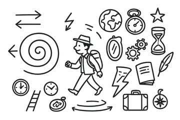 Time Traveler Icons. Hand-drawn doodle illustration time traveler crossing timelines spiral, parallel arrows, mirror, globe, lightning bolt, stopwatch,