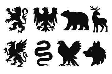 Animal Crest Icons. Solid, filled icon set of animal crests: lion rampant, eagle spread wings, bear, stag, griffin, serpent, falcon, wolf head. Solid, filled