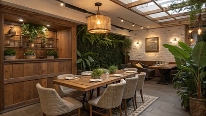 Interior view of a restaurant with wooden table and green plants