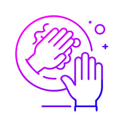 Obraz premium Hand washing concept design illustration in gradient color. The image shows two hands being washed inside a soap bubble with purple and blue gradient