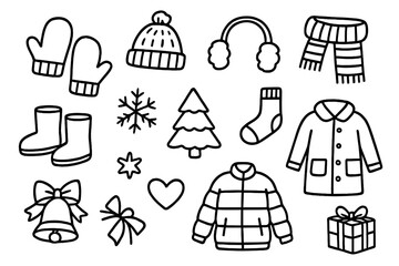 Winter Accessories Doodle. Hand-drawn doodle illustration Winter accessories mittens mitten, knit hat, earmuffs, scarf, boots, snowflake, pine tree, sock,